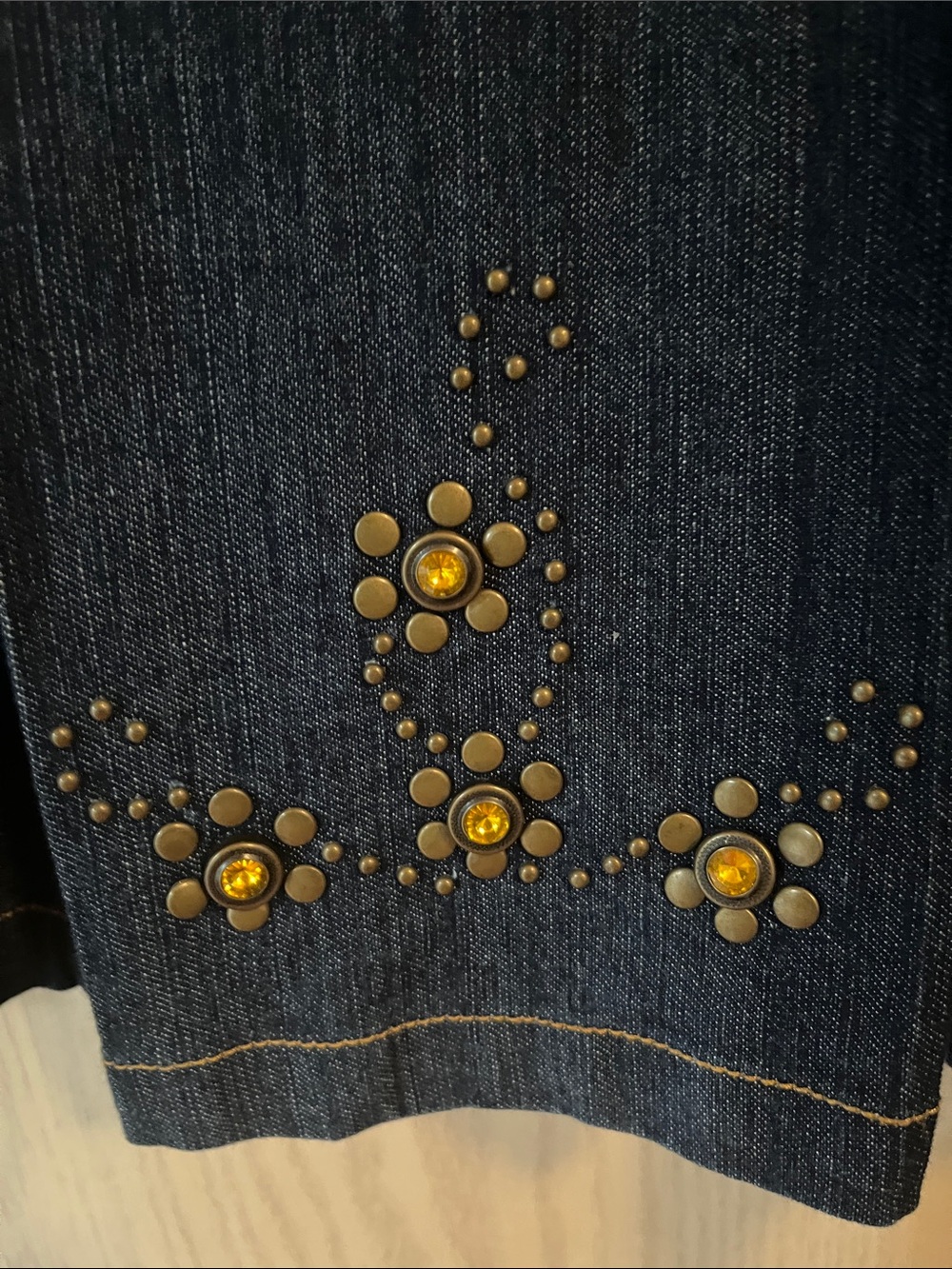 Dark Blue Denim A-Line Skirt with Decorative Stud and Bead Accents - Picture 5 of 11